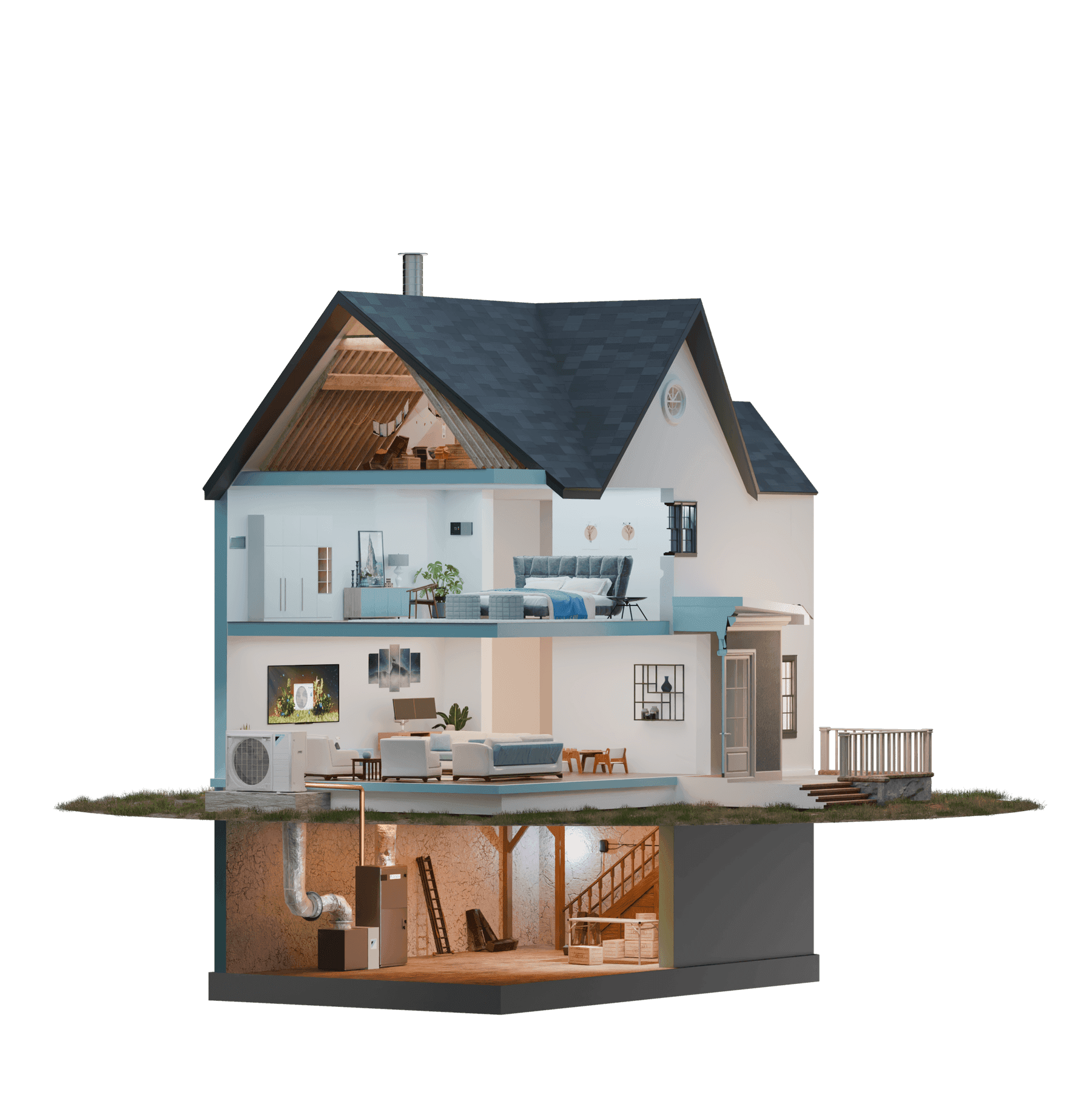 Cutaway diagram of a Daikin central air conditioning system in a home