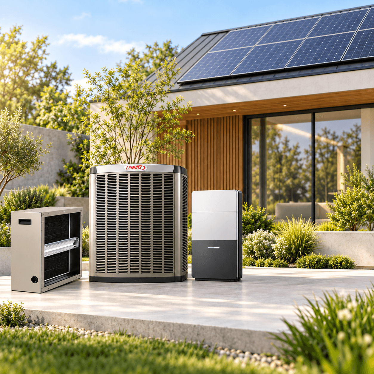 Solar panels, heat pump, air handler and home battery installed at a modern home